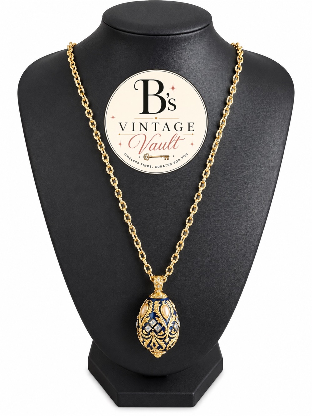 Joan Rivers FabergΓ© Imperial Style Blue Enamel and Pearl Egg Pendant Necklace